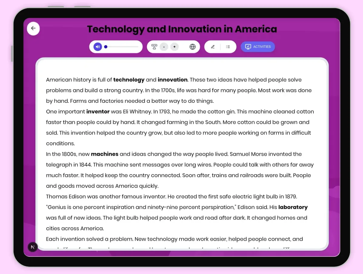 Interactive — Reading Comprehension preview: Technology and Innovation in America covering D2.HIS.2.3-5, D2.HIS.3.3-5, RI.4.3, RI.5.3 standards - Page 1 of 1