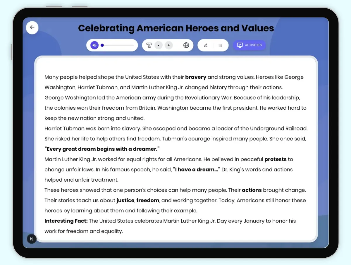 Interactive — Reading Comprehension preview: Celebrating American Heroes and Values covering D2.HIS.2.3-5, D2.HIS.6.3-5RI.4.1, RI.4.3, RI.4.4, W.4.2 standards - Page 1 of 1