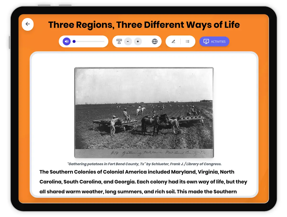 Interactive — Reading Comprehension preview: Life in the Southern Colonies covering D2.HIS.4.3-5, D2.GEO.4.3-5, RI.4.3, RI.4.4, W.4.2 standards - Page 1 of 1