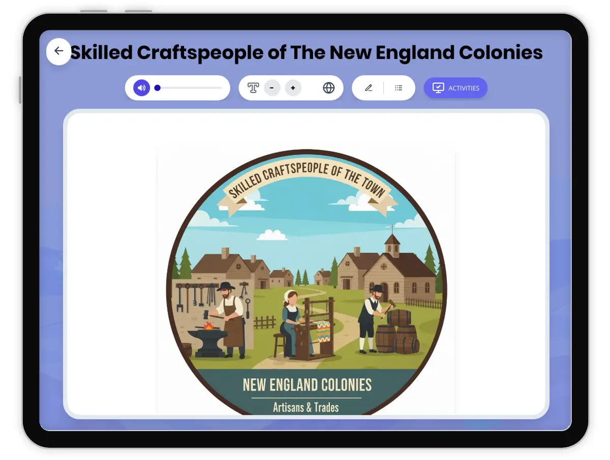 Interactive — Reading Comprehension preview: Skilled Craftspeople of the Town covering D2.HIS.2.3-5, D2.HIS.3.3-5, RI.4.3, RI.4.4, W.4.2 standards - Page 1 of 1