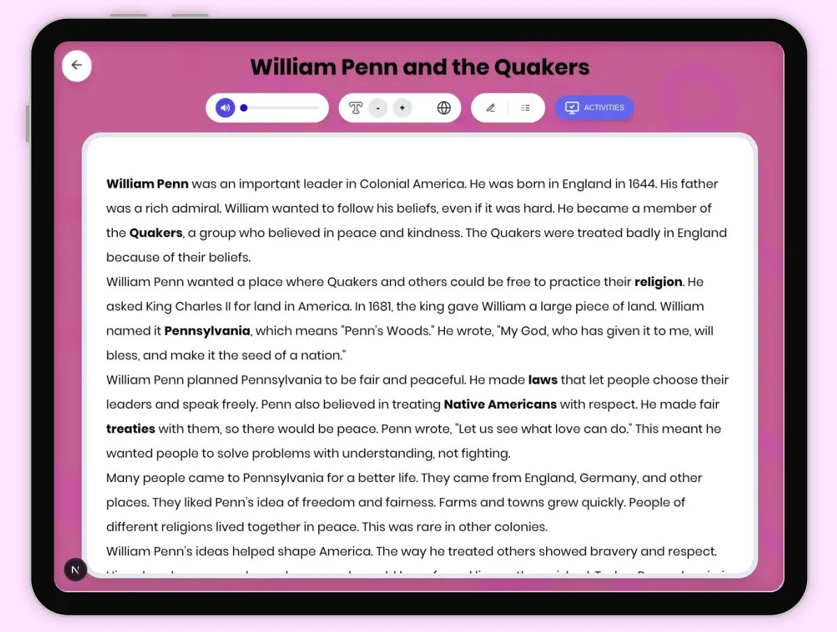 Interactive — Reading Comprehension preview: William Penn and the Quakers covering D2.HIS.3.3-5, D2.HIS.6.3-5, RI.4.3, RI.4.4, W.4.2 standards - Page 1 of 1