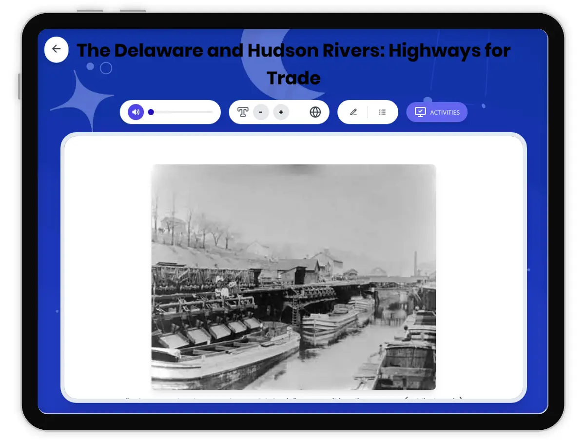 Interactive — Reading Comprehension preview: The Delaware and Hudson Rivers: Highways for Trade covering D2.HIS.2.3-5, D2.GEO.4.3-5, RI.4.3, RI.4.4, W.4.2 standards - Page 1 of 1