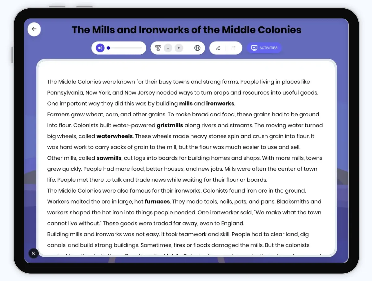 Interactive — Reading Comprehension preview: The Mills and Ironworks of the Middle Colonies covering D2.HIS.2.3-5, D2.HIS.6.3-5, RI.4.3, RI.4.4, W.4.2 standards - Page 1 of 1