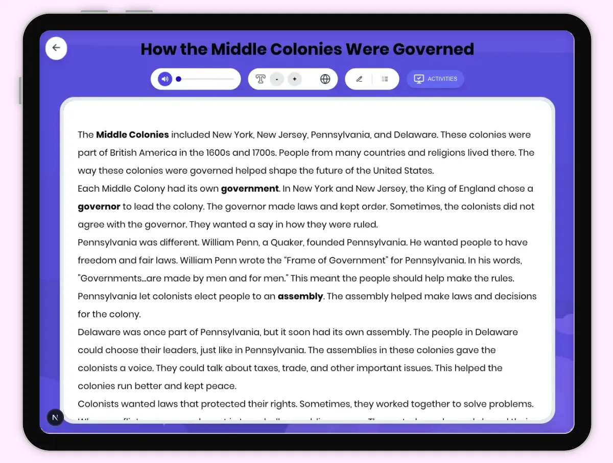Interactive — Reading Comprehension preview: How the Middle Colonies Were Governed covering D2.HIS.2.3-5, D2.HIS.3.3-5, RI.4.3, RI.4.4, W.4.2 standards - Page 1 of 1
