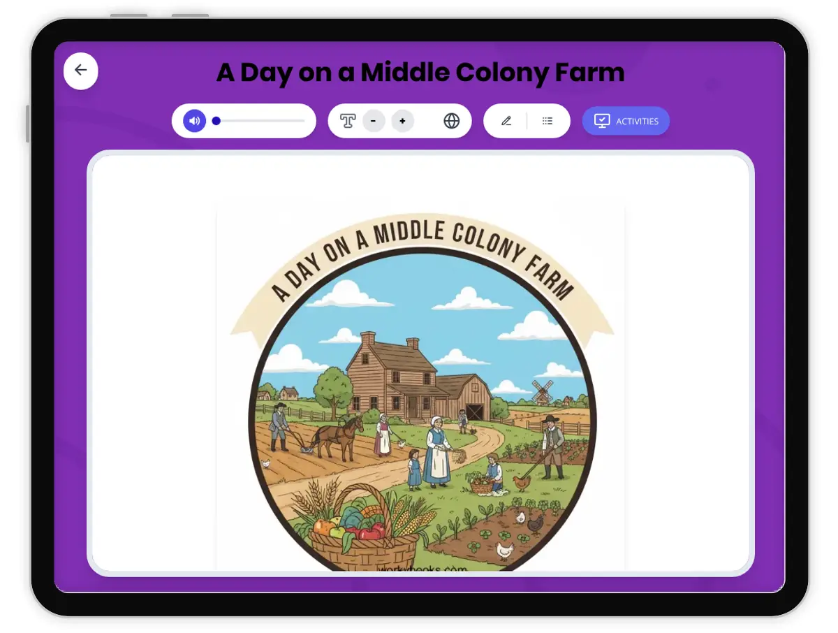 Interactive — Reading Comprehension preview: A Day on a Middle Colony Farm covering D2.HIS.2.3-5, D2.HIS.3.3-5, RI.4.3, RI.4.4, W.4.2 standards - Page 1 of 1