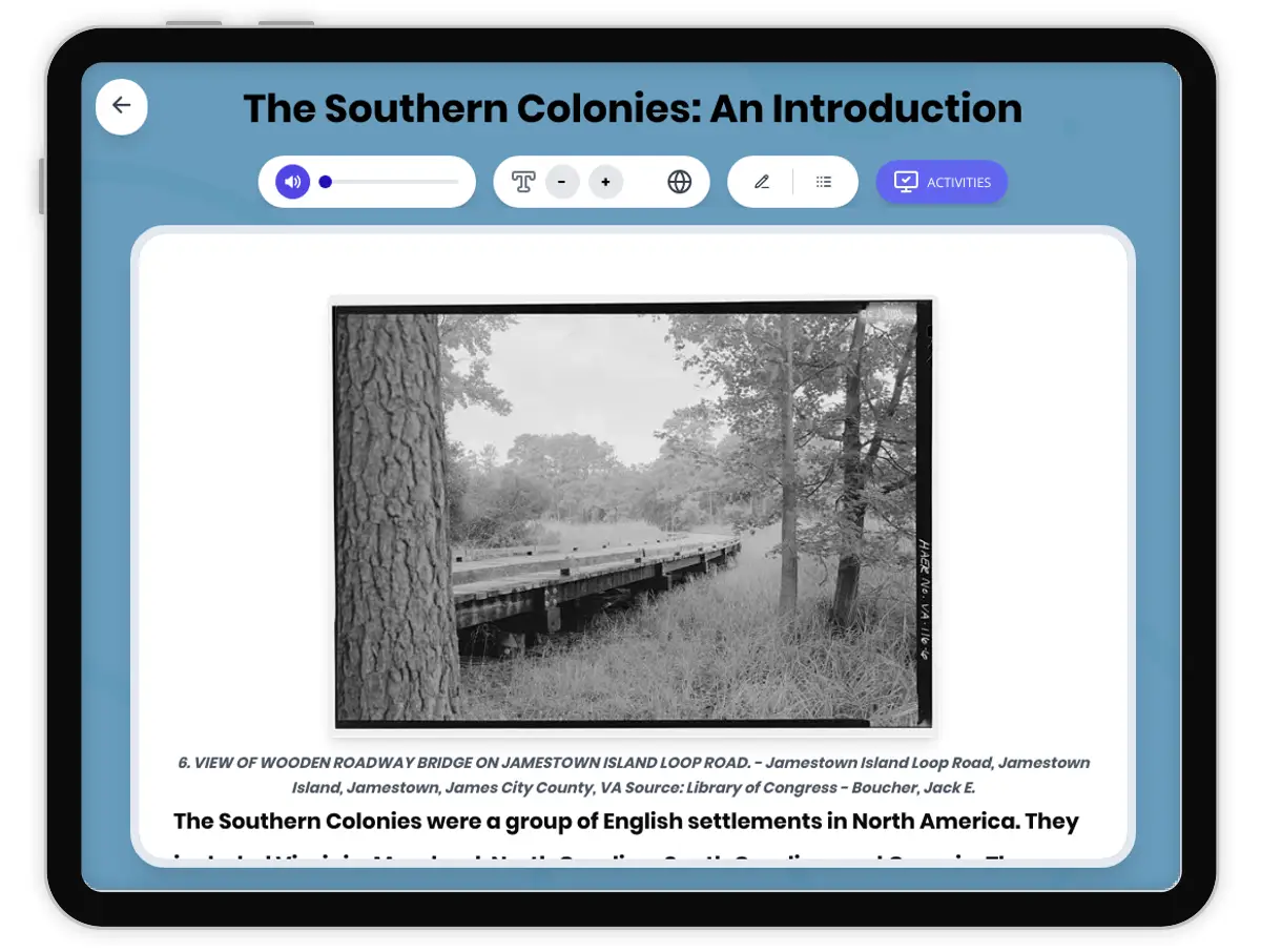 Interactive — Reading Comprehension preview: The Southern Colonies: An Introduction covering D2.HIS.1.3-5, D2.HIS.2.3-5, D2.GEO.2.3-5, RI.4.3, RI.4.4, W.4.2 standards - Page 1 of 1