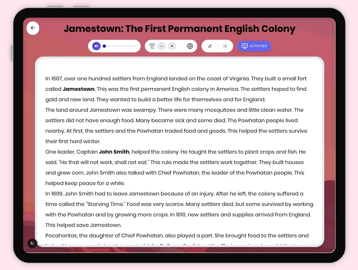 Interactive — Reading Comprehension preview: Jamestown: The First Permanent English Colony covering D2.HIS.1.3-5, D2.HIS.2.3-5, D2.HIS.3.3-5, RI.4.1, RI.4.3, RI.4.4, W.4.2 standards - Page 1 of 1