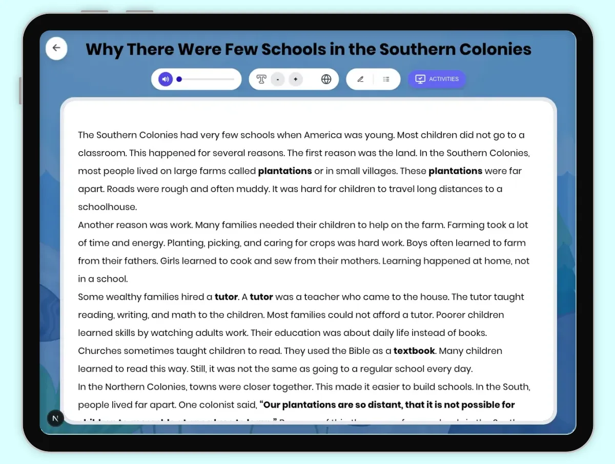 Interactive — Reading Comprehension preview: Why There Were Few Schools in the Southern Colonies covering D2.HIS.2.3-5, D2.HIS.3.3-5, RI.4.3, RI.4.4, W.4.2 standards - Page 1 of 1