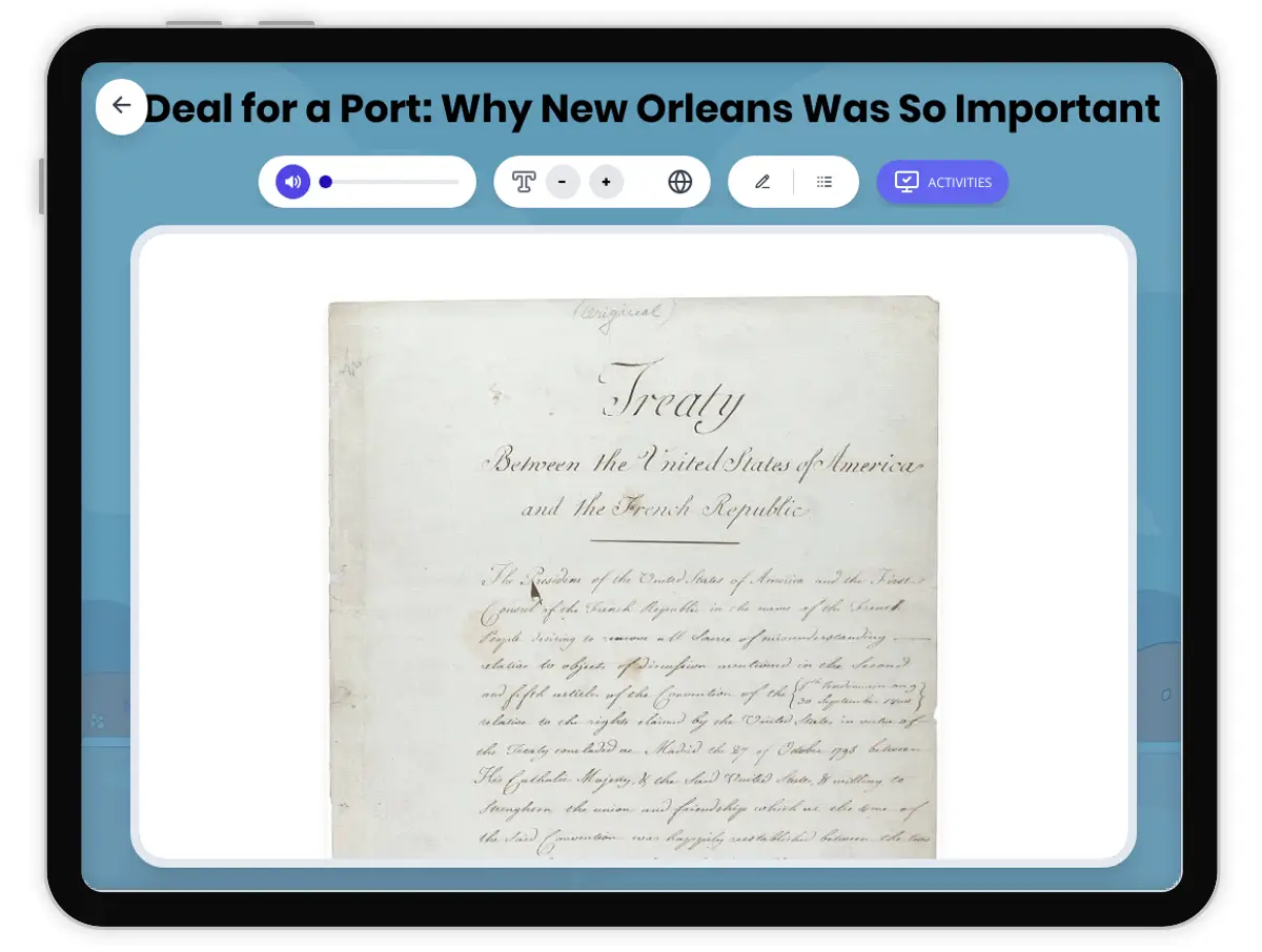 Interactive — Reading Comprehension preview: New Orleans: An Important Port covering D2.HIS.3.3-5, D2.HIS.14.3-5, RI.4.3, RI.4.4, W.4.2 standards - Page 1 of 1