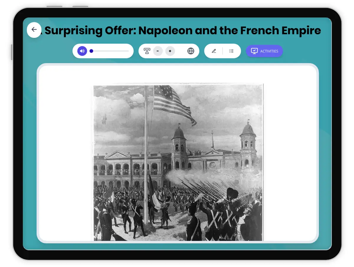 Interactive — Reading Comprehension preview: A Surprising Offer: Napoleon and the French Empire covering D2.HIS.2.3-5, D2.HIS.14.3-5, RI.4.3, RI.4.4, W.4.2 standards - Page 1 of 1