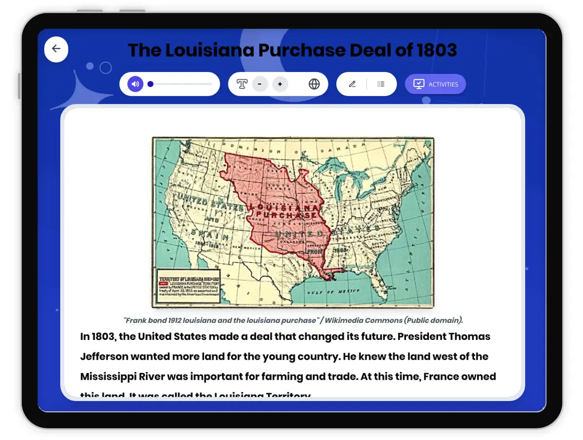 Interactive — Reading Comprehension preview: The Louisiana Purchase Deal of 1803 covering D2.HIS.1.3-5, D2.HIS.3.3-5, RI.4.3, RI.4.4, W.4.2 standards - Page 1 of 1