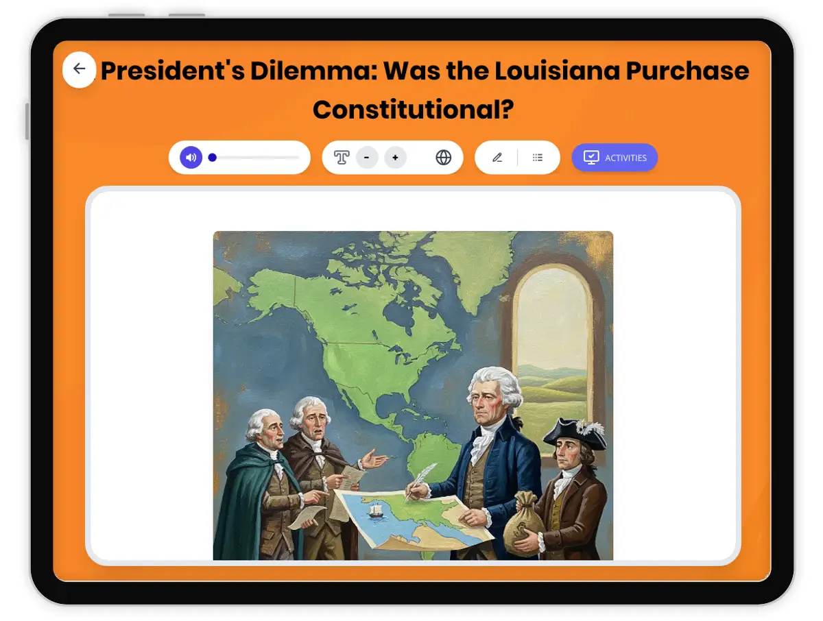 Interactive — Reading Comprehension preview: The Louisiana Purchase and the Constitution covering D2.HIS.4.3-5, D2.HIS.14.3-5, RI.4.3, RI.4.4, W.4.2 standards - Page 1 of 1