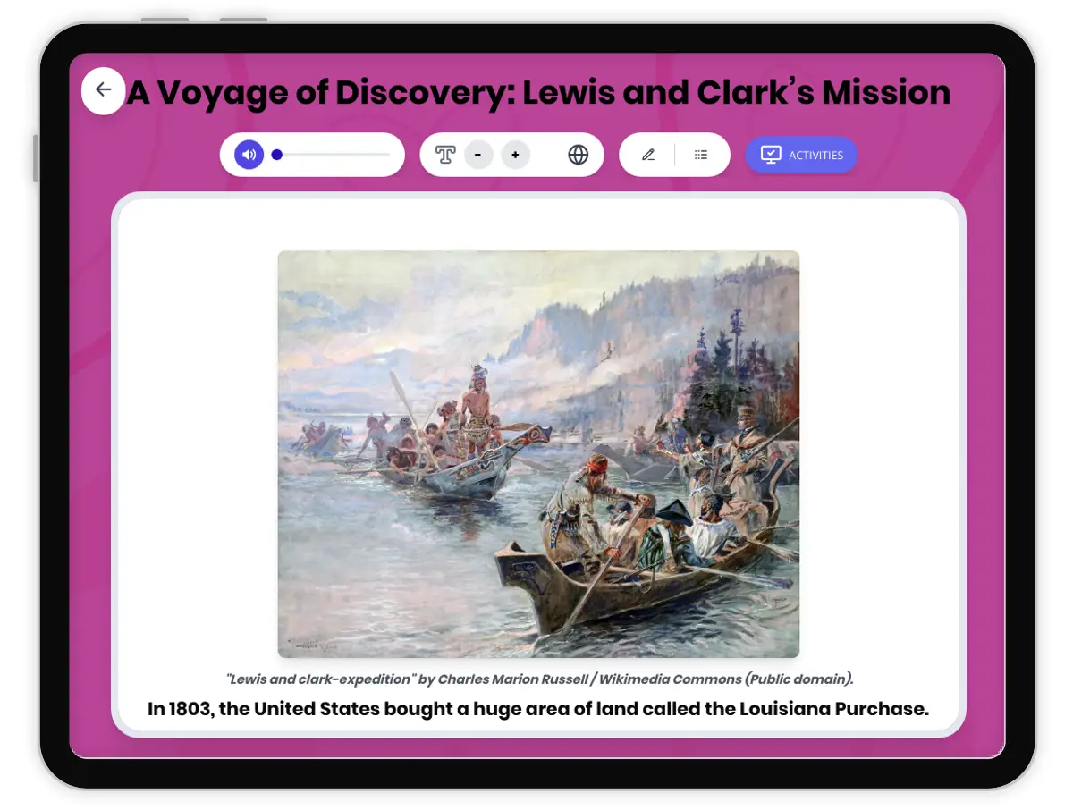 Interactive — Reading Comprehension preview: The Lewis and Clark Expedition covering D2.HIS.2.3-5, D2.HIS.3.3-5, RI.4.3, RI.4.4, W.4.2 standards - Page 1 of 1