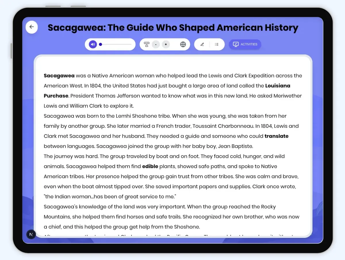 Interactive — Reading Comprehension preview: Sacagawea: The Guide Who Shaped American History covering D2.HIS.2.3-5, D2.HIS.3.3-5, RI.4.3, RI.4.4, W.4.2, SL.4.2 standards - Page 1 of 1