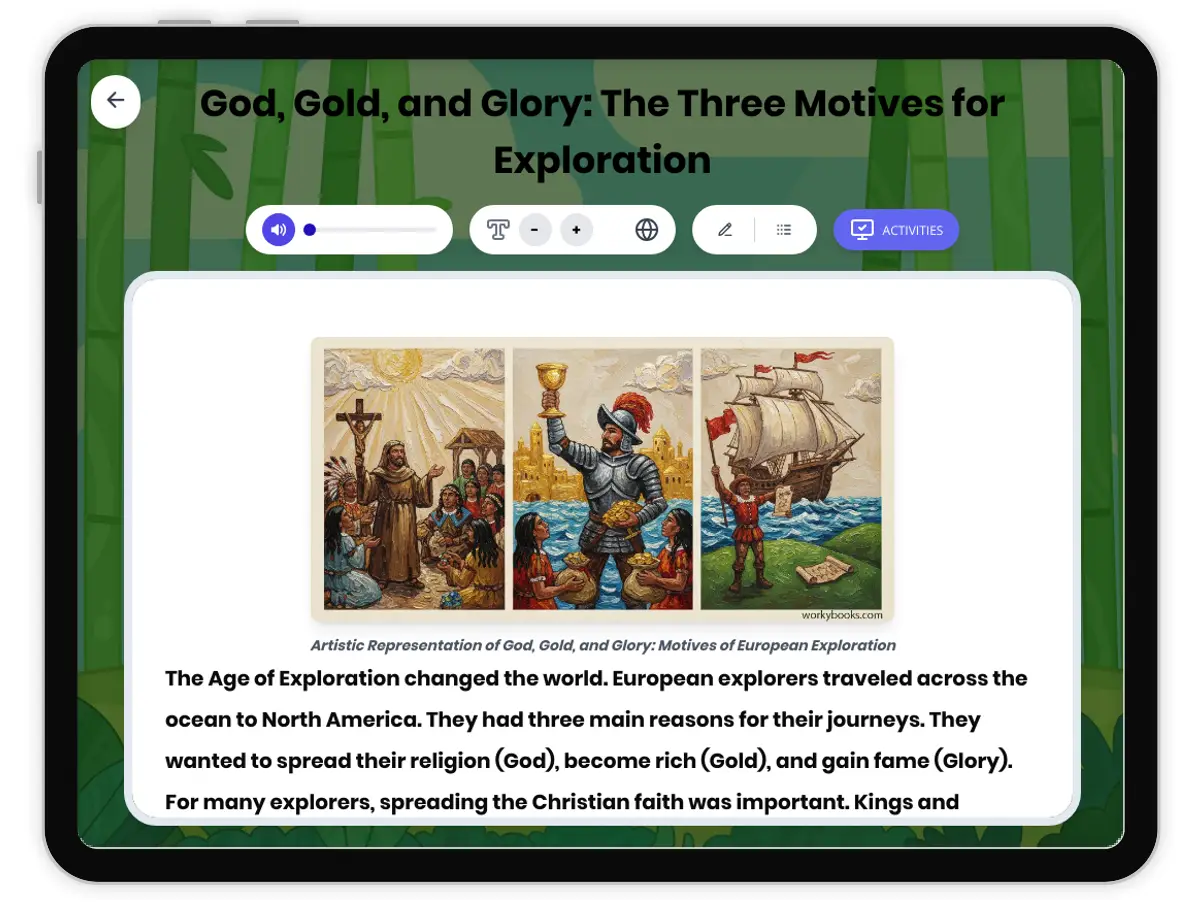 Interactive — Reading Comprehension preview: God, Gold, and Glory: The Three Motives for Exploration covering D2.HIS.2.3-5, D2.HIS.14.3-5, RI.4.3, RI.4.4, W.4.2 standards - Page 1 of 1