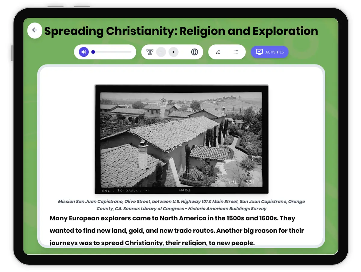Interactive — Reading Comprehension preview: Spreading Christianity: Religion and Exploration covering D2.HIS.2.3-5, D2.HIS.3.3-5, D2.HIS.14.3-5, RI.4.3, RI.4.4, W.4.2 standards - Page 1 of 1