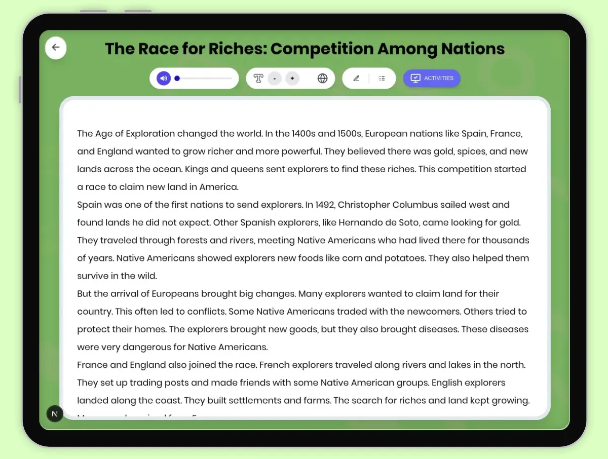 Interactive — Reading Comprehension preview: The Race for Riches: Competition Among Nations covering D2.HIS.2.3-5, D2.HIS.3.3-5, RI.4.3, RI.4.4, W.4.2, SL.4.1 standards - Page 1 of 1