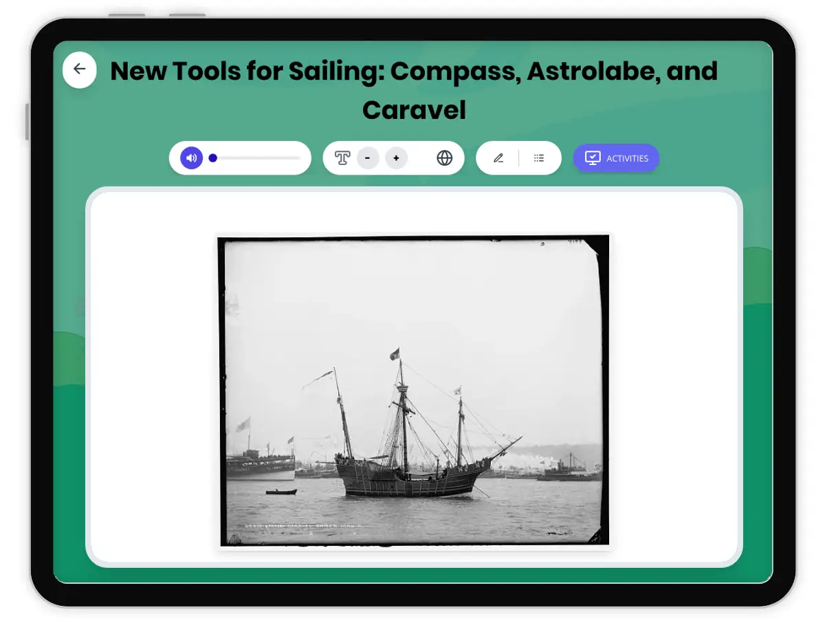 Interactive — Reading Comprehension preview: New Tools for Sailing: Compass, Astrolabe, and Caravel covering D2.HIS.1.3-5, D2.HIS.2.3-5, RI.4.3, RI.4.4, W.4.2 standards - Page 1 of 1