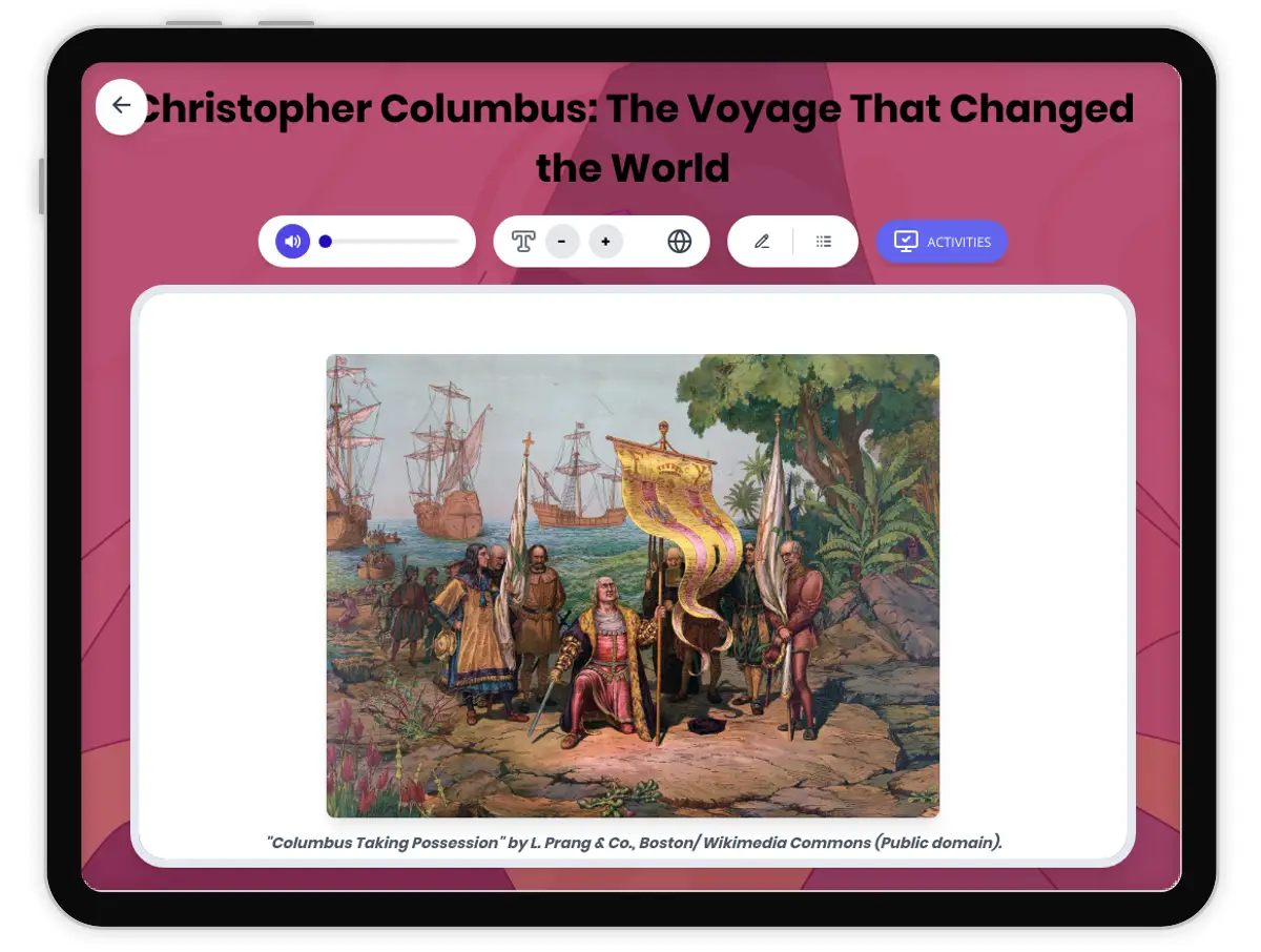 Interactive — Reading Comprehension preview: Christopher Columbus: Sailing to the Americas covering D2.HIS.2.3-5, D2.HIS.3.3-5, RI.4.3, RI.4.4, W.4.2 standards - Page 1 of 1