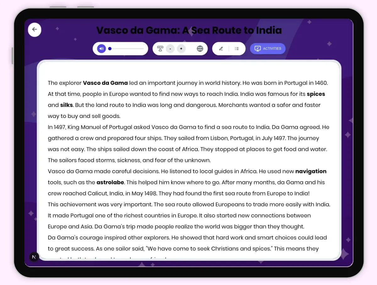 Interactive — Reading Comprehension preview: Vasco da Gama: A Sea Route to India covering D2.HIS.2.3-5, D2.HIS.3.3-5, RI.4.3, RI.4.4, RI.4.5, W.4.2 standards - Page 1 of 1