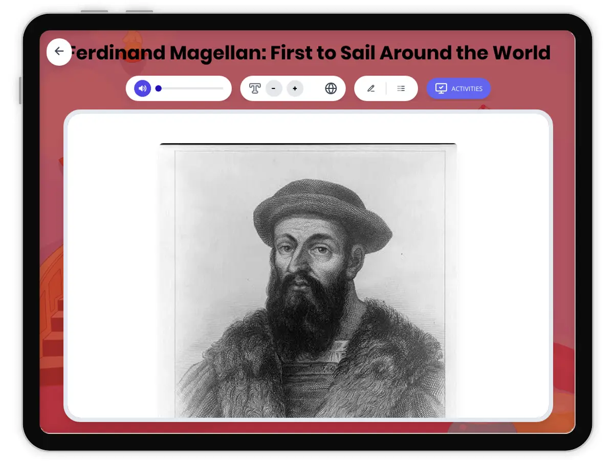 Interactive — Reading Comprehension preview: Ferdinand Magellan: Sailing Around the World covering D2.HIS.1.3-5, D2.HIS.2.3-5, RI.4.3, RI.4.4, W.4.2 standards - Page 1 of 1