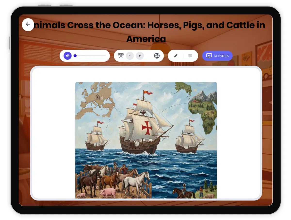 Interactive — Reading Comprehension preview: Animals Cross the Ocean: Horses, Pigs, and Cattle in America covering D2.HIS.2.3-5, D2.HIS.14.3-5, RI.4.3, RI.4.4, W.4.2 standards - Page 1 of 1