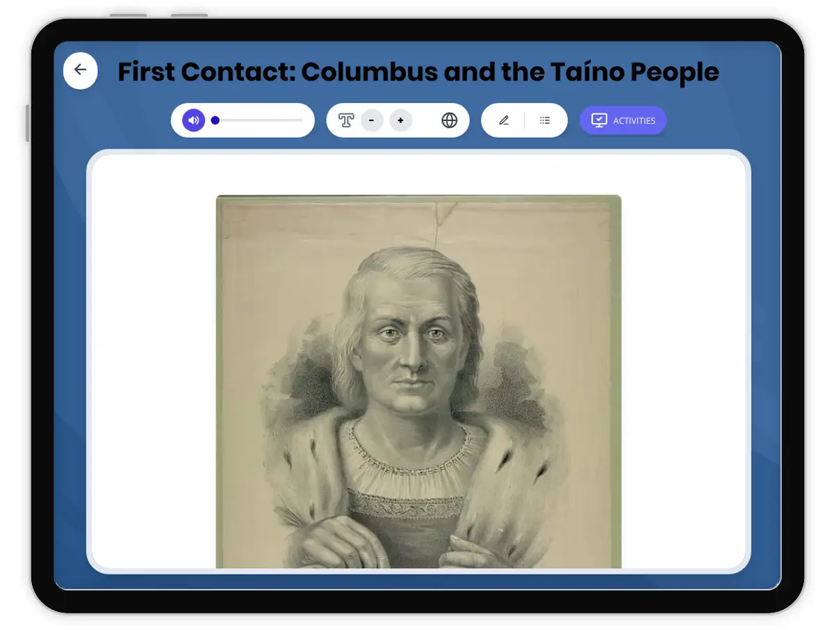 Interactive — Reading Comprehension preview: First Contact: Columbus and the Taíno People covering D2.HIS.1.3-5, D2.HIS.2.3-5, D2.HIS.3.3-5, RI.4.3, RI.4.4, W.4.2 standards - Page 1 of 1