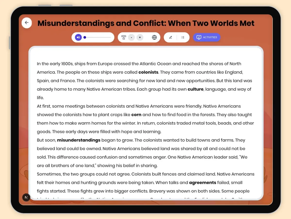 Interactive — Reading Comprehension preview: Misunderstandings and Conflict: When Two Worlds Met covering D2.HIS.1.3-5, D2.HIS.2.3-5, D2.HIS.14.3-5, RI.4.3, RI.4.4, W.4.2 standards - Page 1 of 1