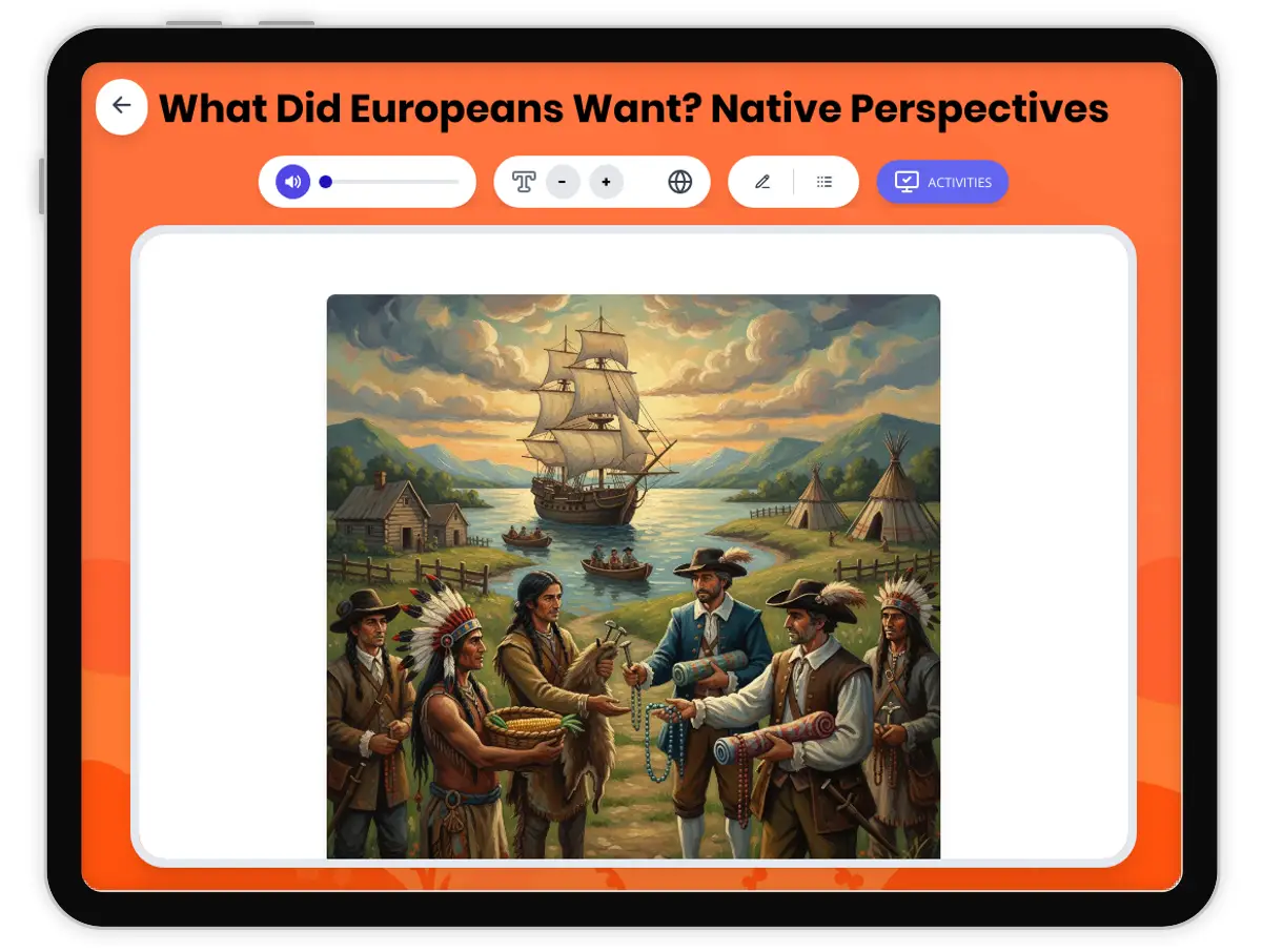 Interactive — Reading Comprehension preview: What Did Europeans Want? Native Perspectives covering D2.HIS.2.3-5, D2.HIS.4.3-5, RI.4.3, RI.4.4, W.4.2 standards - Page 1 of 1