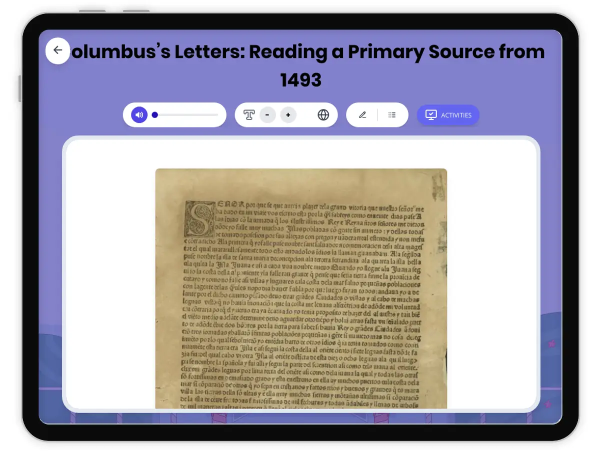 Interactive — Reading Comprehension preview: Reading Columbus's Letters from 1493 covering D2.HIS.3.3-5, D2.HIS.6.3-5, RI.4.3, RI.4.4, W.4.2 standards - Page 1 of 1