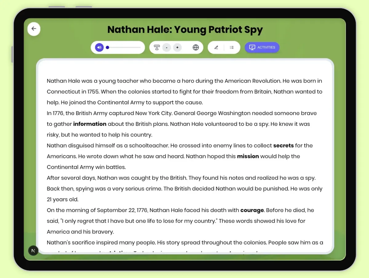 Interactive — Reading Comprehension preview: Nathan Hale: Young Patriot Spy covering D2.HIS.5.3-5, D2.HIS.14.3-5, RI.4.3, RI.4.4, W.4.2 standards - Page 1 of 1