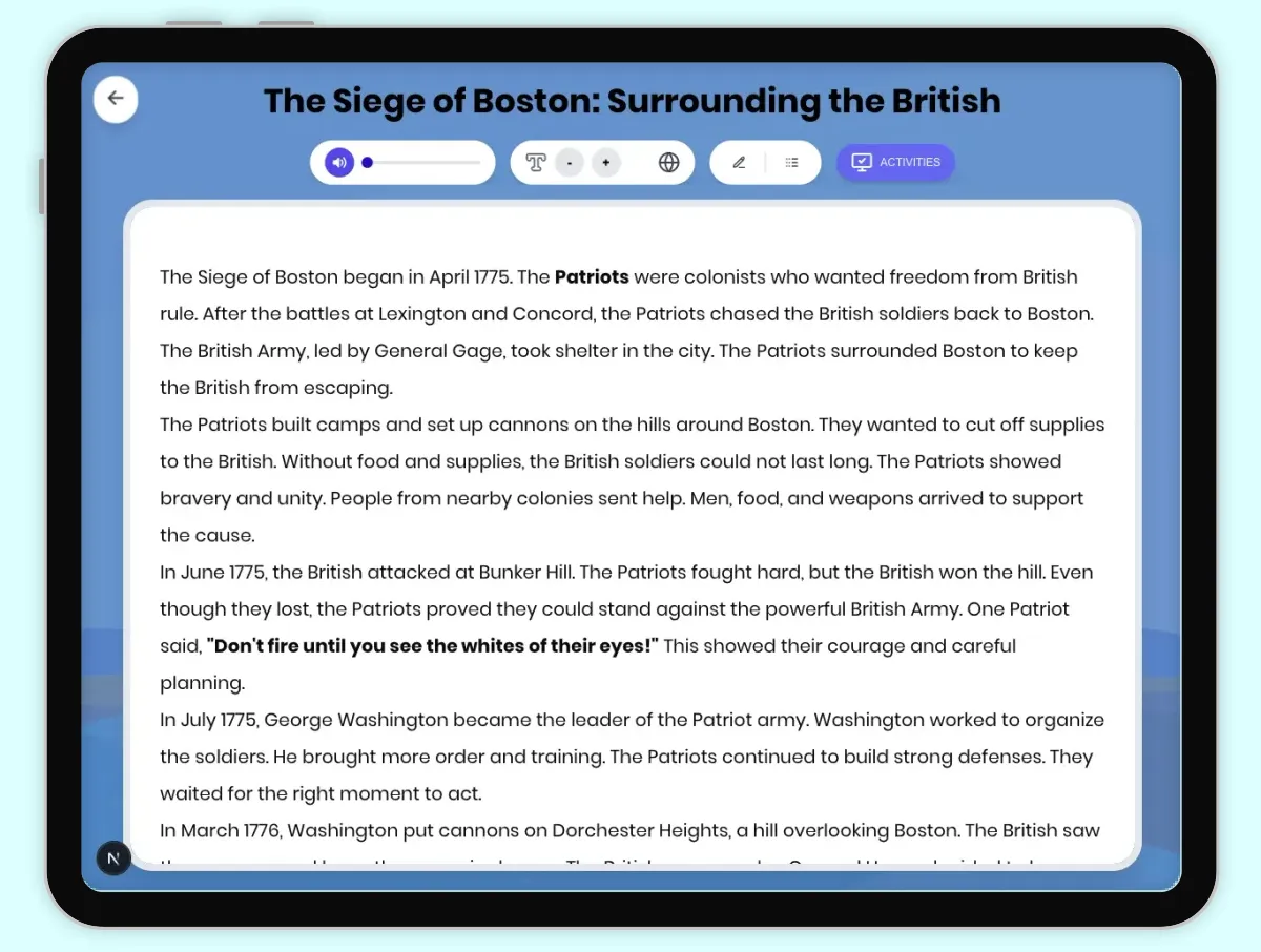 Interactive — Reading Comprehension preview: The Siege of Boston: Surrounding the British covering D2.HIS.1.4-5, D2.HIS.2.4-5, D2.HIS.14.4-5, RI.4.3, RI.4.4, W.4.2 standards - Page 1 of 1