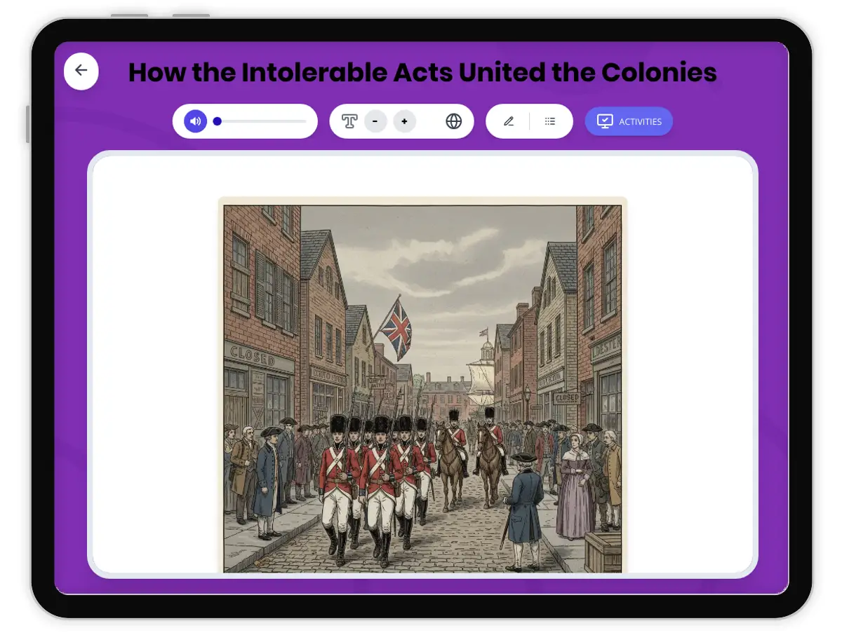 Interactive — Reading Comprehension preview: How the Intolerable Acts United the Colonies covering D2.HIS.1.5-6, D2.HIS.2.5-6, RI.5.3, RI.5.4, W.5.2 standards - Page 1 of 1