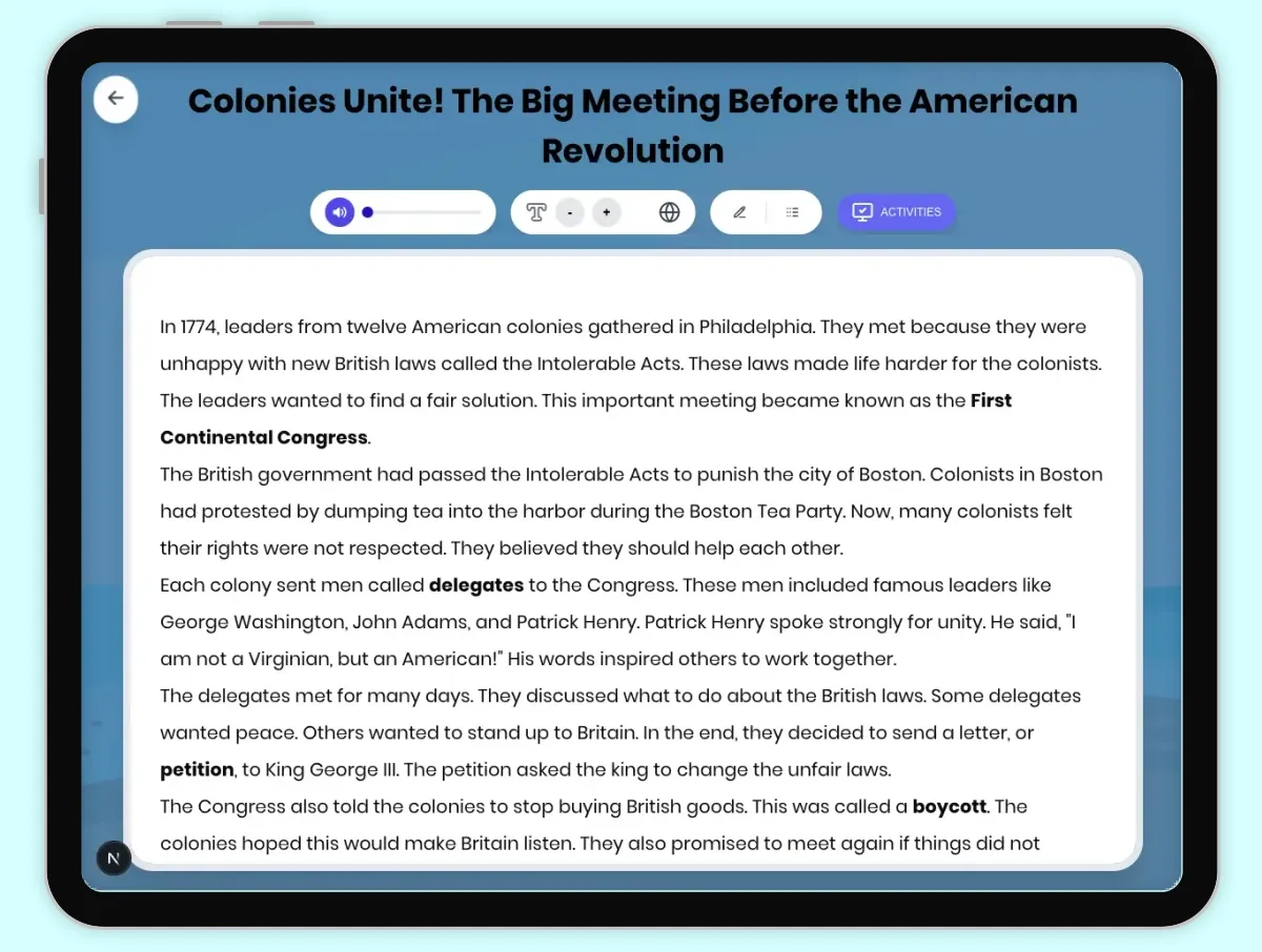 Interactive — Reading Comprehension preview: Colonies Unite! The Big Meeting Before the American Revolution covering D2.HIS.1.3-5, D2.HIS.2.3-5, RI.4.1, RI.4.3, RI.4.4, W.4.2 standards - Page 1 of 1