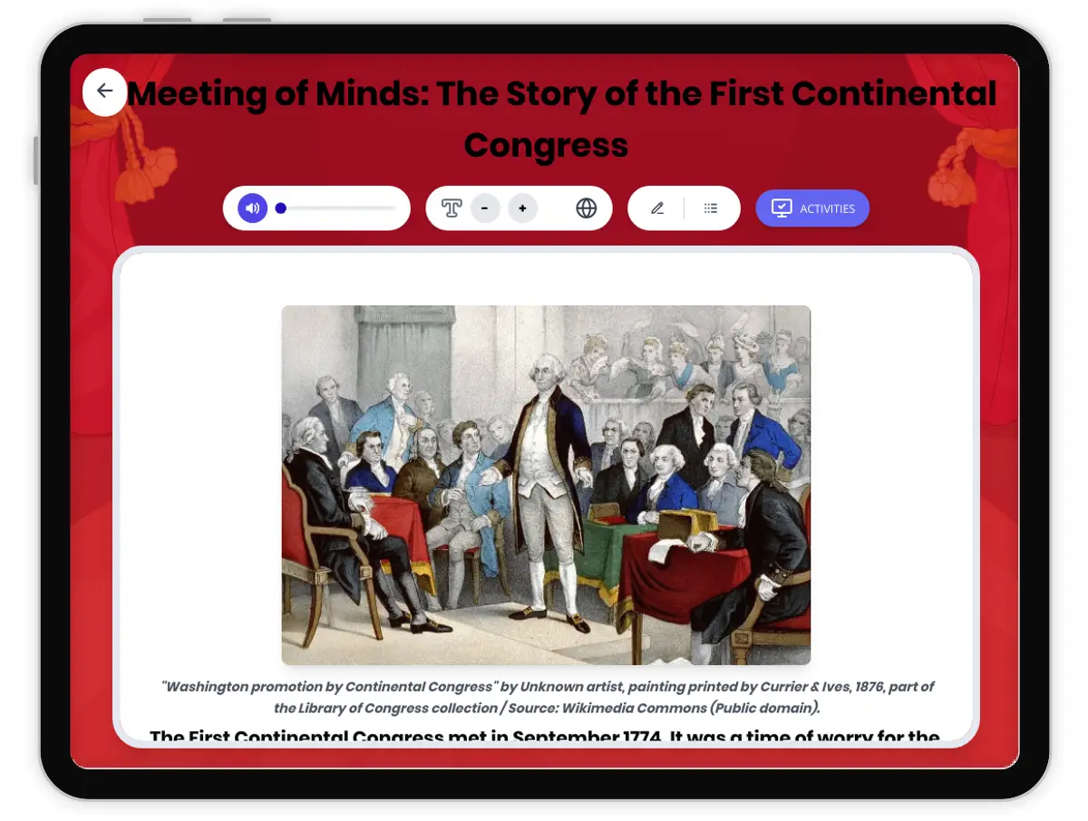 Interactive — Reading Comprehension preview: A Meeting of Minds: The Story of the First Continental Congress covering D2.HIS.4.3-5, D2.HIS.14.3-5, RI.4.3, RI.4.4, W.4.2 standards - Page 1 of 1