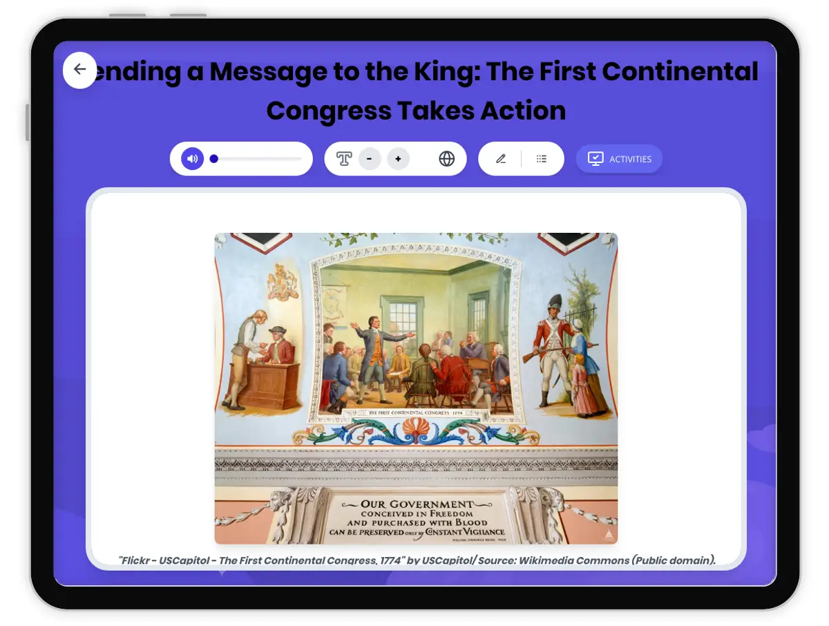 Interactive — Reading Comprehension preview: Sending a Message to the King: The First Continental Congress Takes Action covering D2.HIS.1.4-5, D2.HIS.2.4-5, RI.4.3, RI.4.4, W.4.2 standards - Page 1 of 1