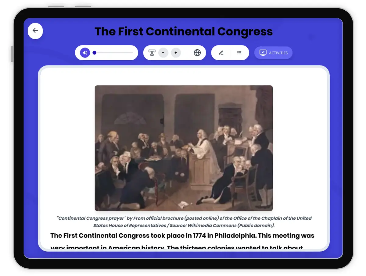Interactive — Reading Comprehension preview: The First Continental Congress covering D2.HIS.2.3-5, D2.HIS.3.3-5, RI.4.3, RI.4.4, W.4.2 standards - Page 1 of 1