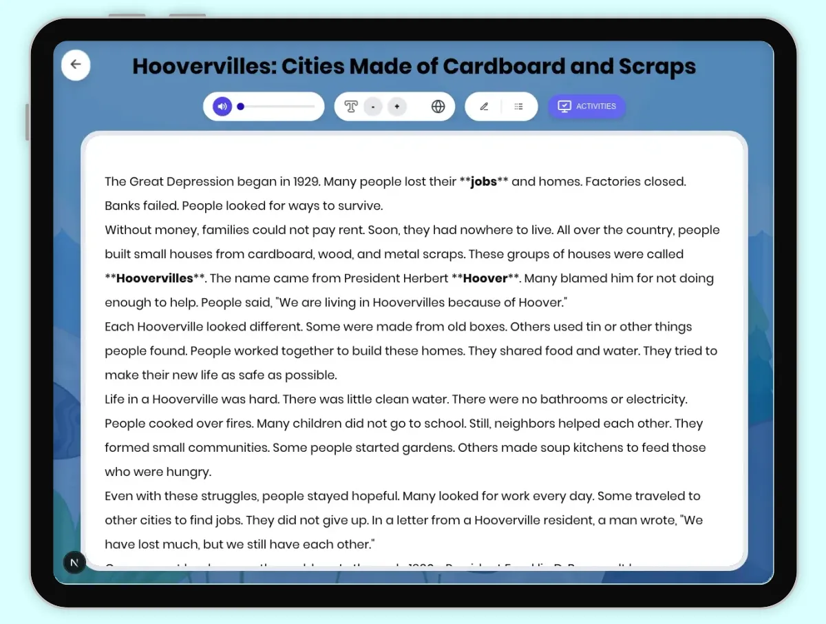 Interactive — Reading Comprehension preview: Hoovervilles: Cities Made of Cardboard and Scraps covering D2.HIS.1.3-5, D2.HIS.2.3-5, RI.4.3, RI.4.4, W.4.2, SL.4.1 standards - Page 1 of 1