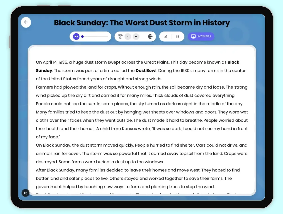 Interactive — Reading Comprehension preview: Black Sunday: The Worst Dust Storm in History covering D2.HIS.1.5-6, D2.HIS.14.3-5, RI.4.3, RI.4.4, W.4.2 standards - Page 1 of 1
