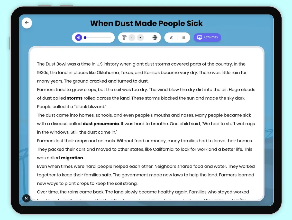 Interactive — Reading Comprehension preview: When Dust Made People Sick covering D2.HIS.2.3-5, D2.HIS.14.3-5, RI.4.3, RI.4.4, W.4.2 standards - Page 1 of 1
