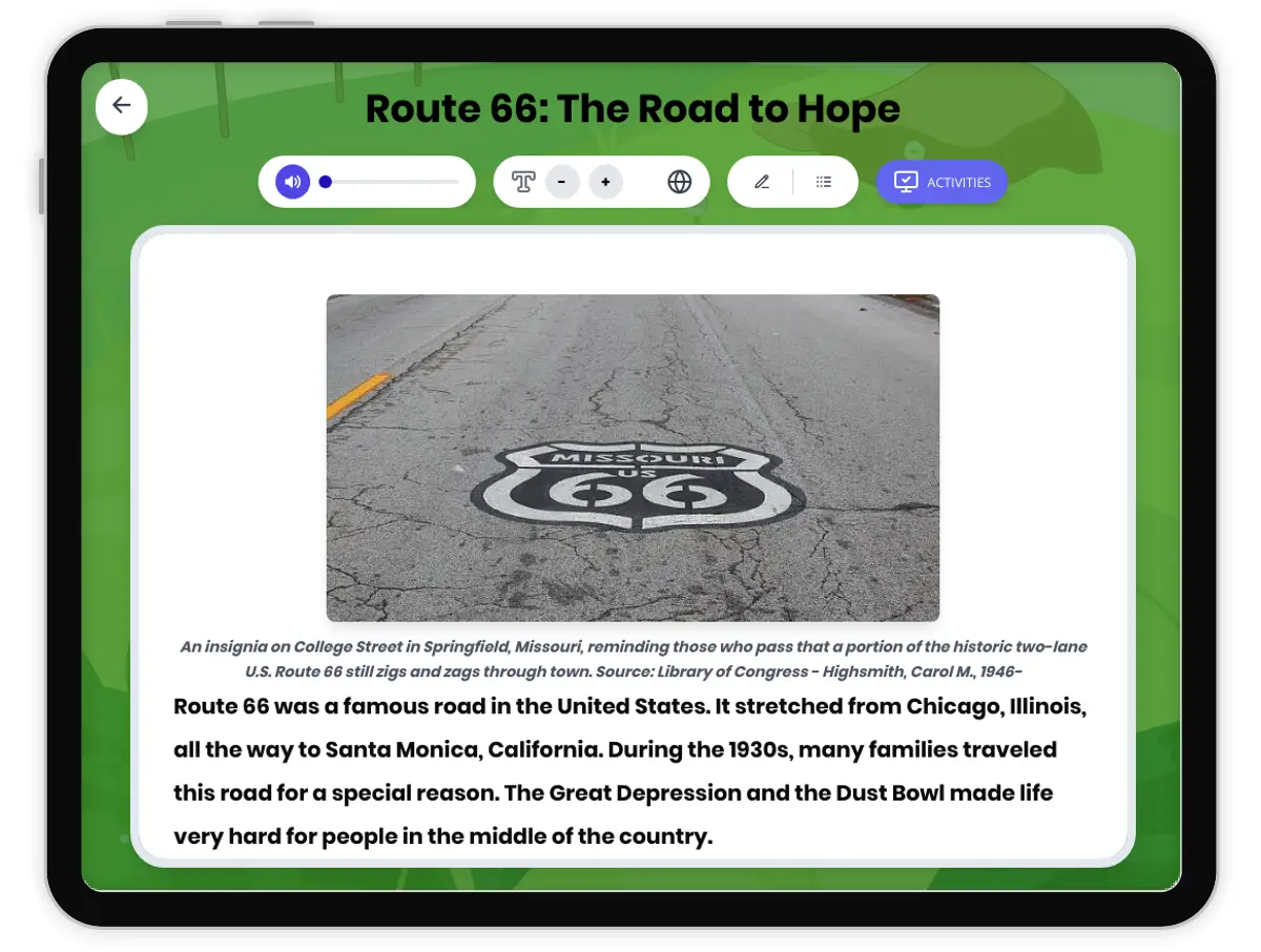 Interactive — Reading Comprehension preview: Route 66: The Road to Hope covering D2.HIS.2.3-5, D2.HIS.4.3-5, RI.4.3, RI.4.4, W.4.2 standards - Page 1 of 1