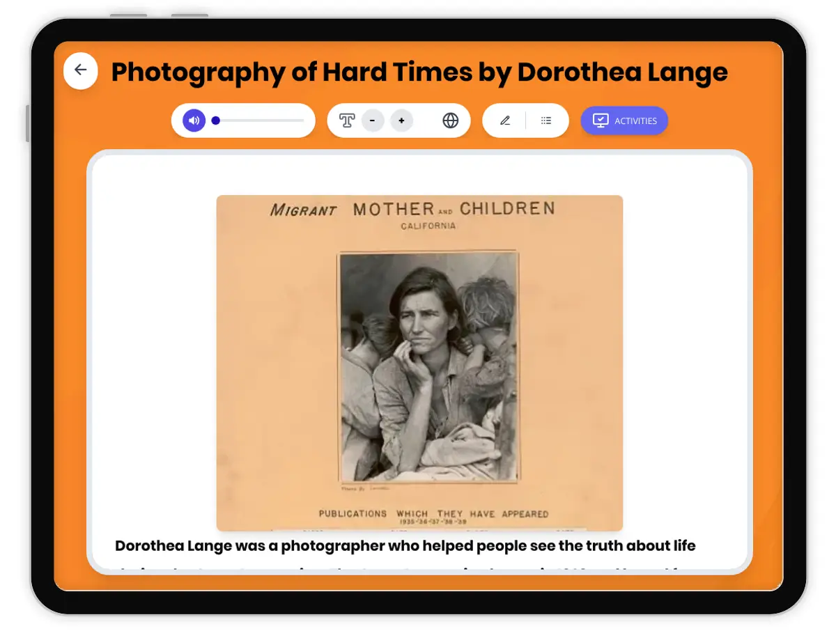 Interactive — Reading Comprehension preview: Dorothea Lange: Photos of the Dust Bowl covering D2.HIS.2.3-5, D2.HIS.3.3-5, RI.4.3, RI.4.4, W.4.2 standards - Page 1 of 1