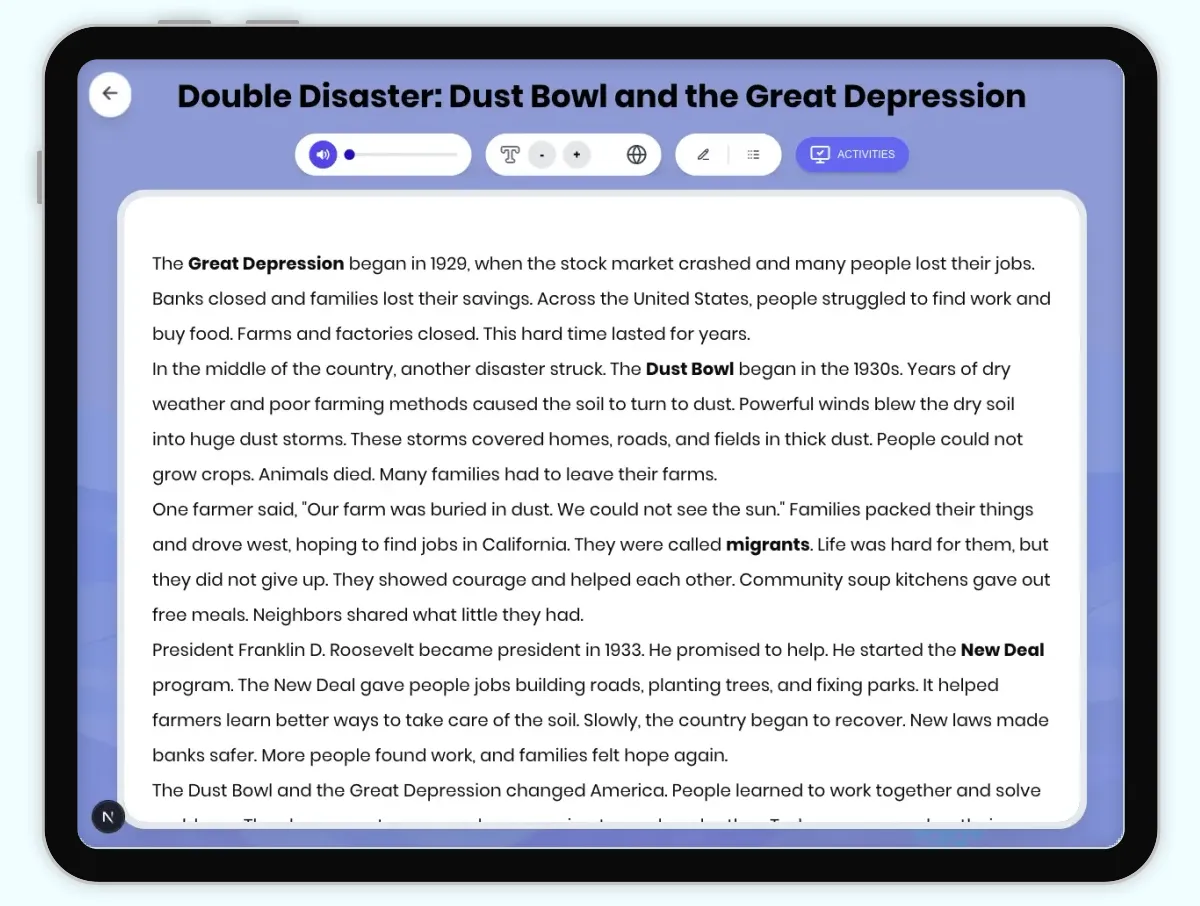 Interactive — Reading Comprehension preview: Double Disaster: Dust Bowl and the Great Depression covering D2.HIS.2.3-5, D2.HIS.3.3-5, RI.4.3, RI.4.4, W.4.2 standards - Page 1 of 1