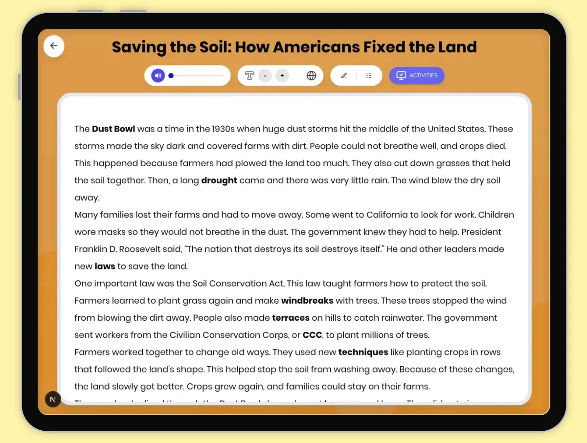 Interactive — Reading Comprehension preview: Saving the Soil: How Americans Fixed the Land covering D2.HIS.2.3-5, D2.HIS.3.3-5, RI.4.3, RI.4.4, W.4.2, SL.4.2 standards - Page 1 of 1