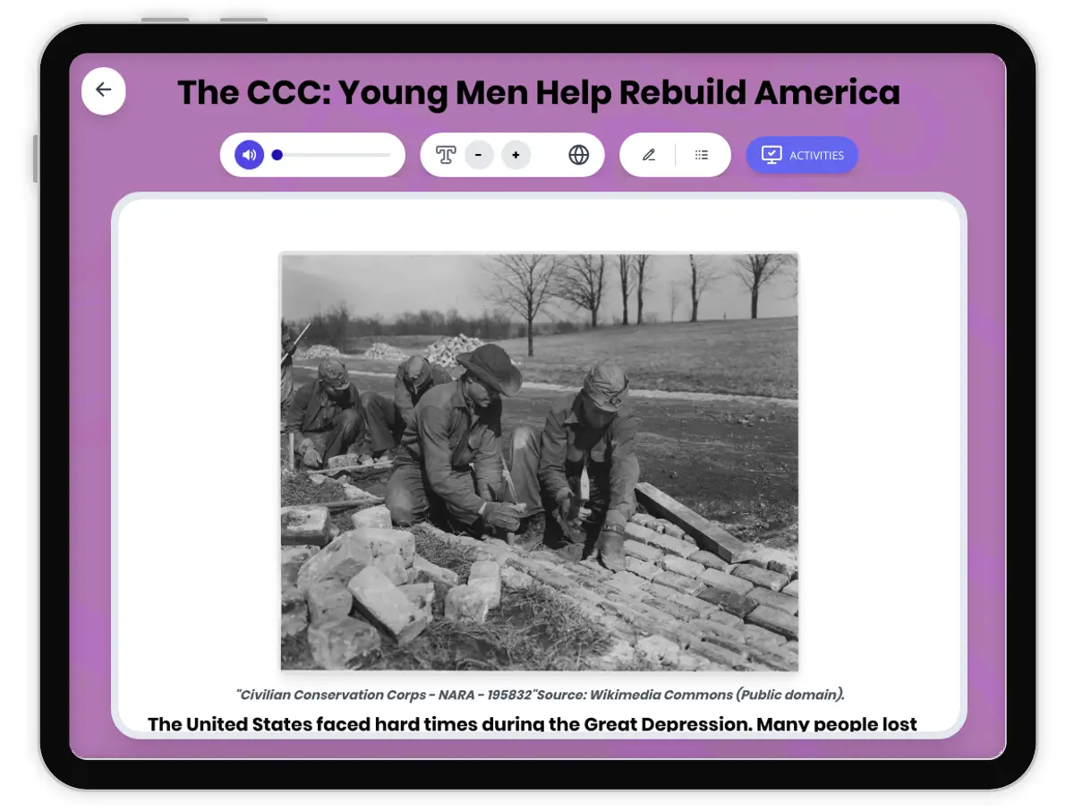 Interactive — Reading Comprehension preview: The CCC: Jobs for Young Men covering D2.HIS.2.3-5, D2.HIS.3.3-5, D2.HIS.14.3-5, RI.4.3, RI.4.4, W.4.2 standards - Page 1 of 1