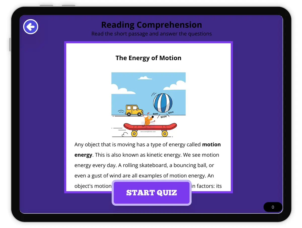 Interactive — Reading Comprehension preview: Motion Energy covering  standards - Page 1 of null