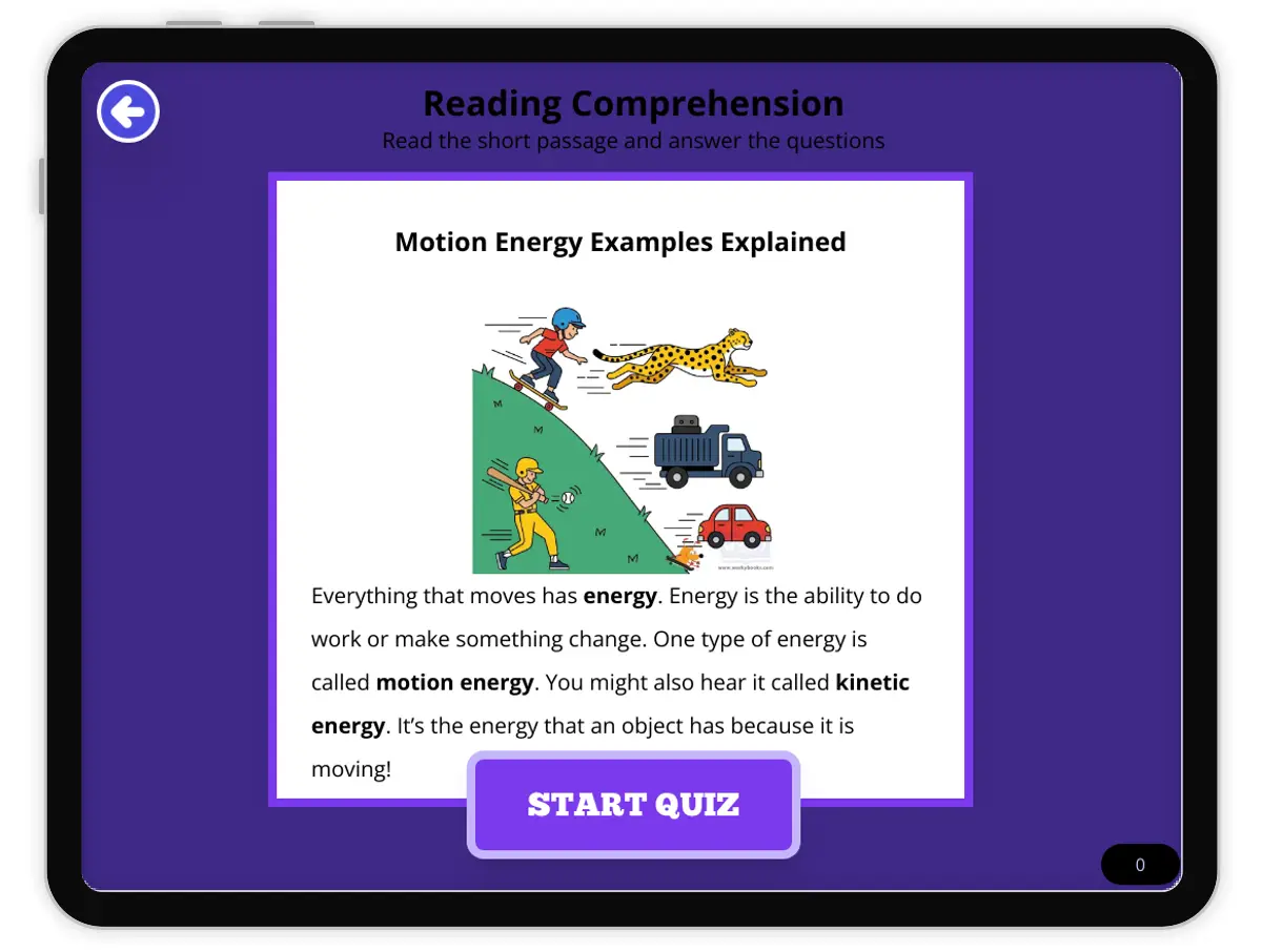 Interactive — Reading Comprehension preview: Motion Energy Examples Explained covering  standards - Page 1 of null