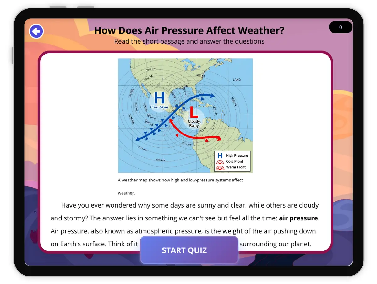 Interactive — Reading Comprehension preview: How Does Air Pressure Affect Weather? covering  standards - Page 1 of null
