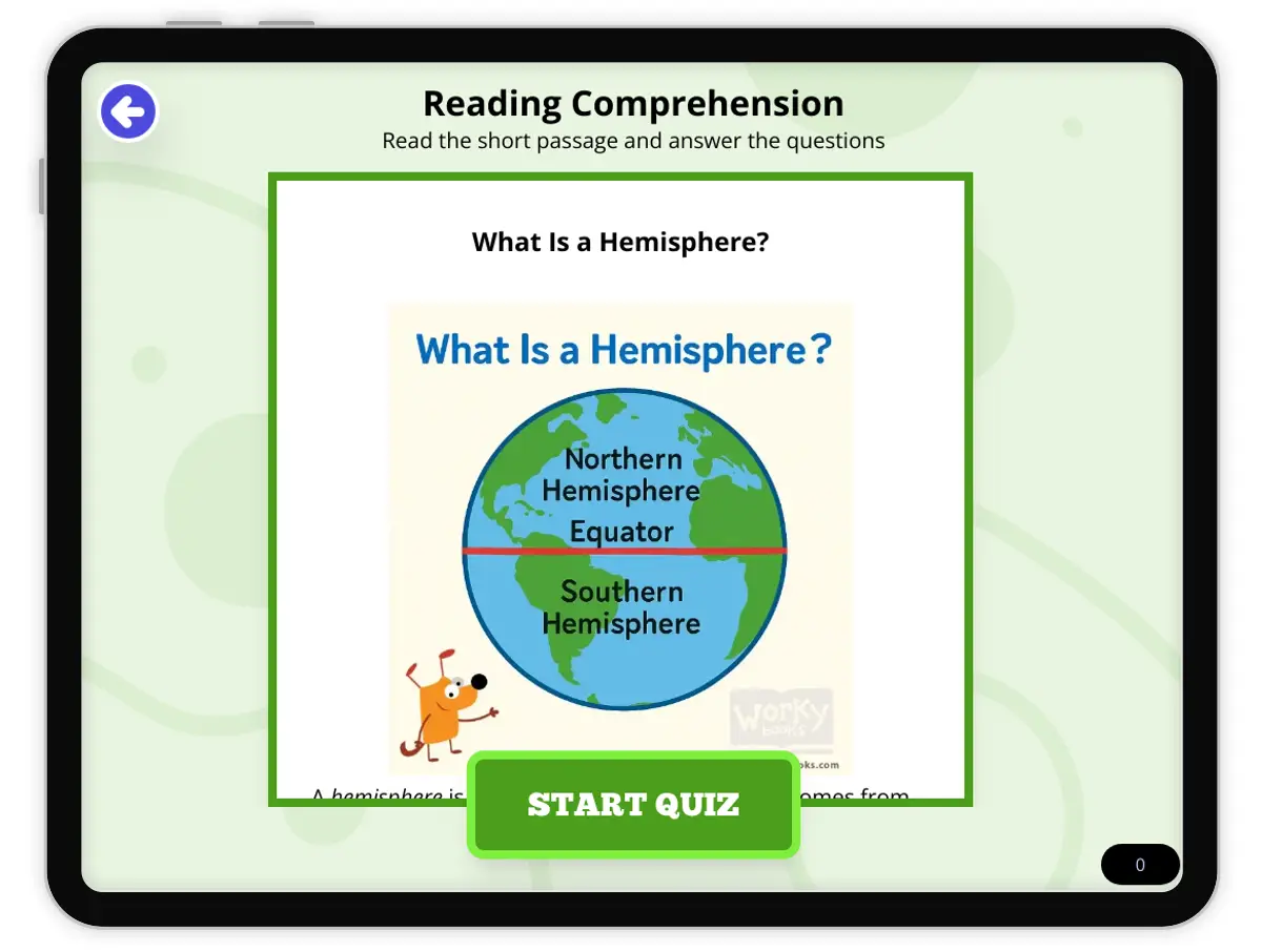Interactive — Reading Comprehension preview: What Is a Hemisphere? covering FL.SS.2.G.1.1, SS.2.G.1.1 standards - Page 1 of null