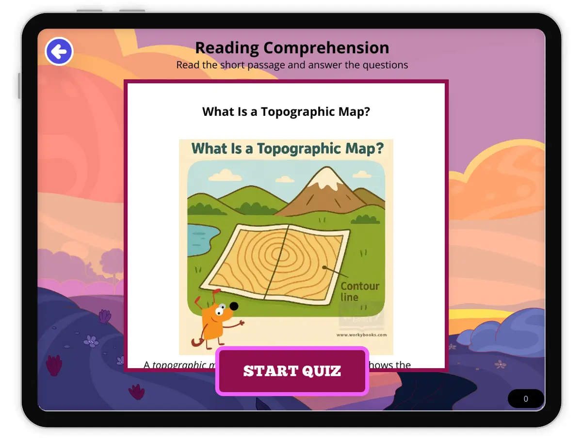 Interactive — Reading Comprehension preview: What Is a Topographic Map? covering FL.SS.2.G.1.1, SS.2.G.1.2 standards - Page 1 of null